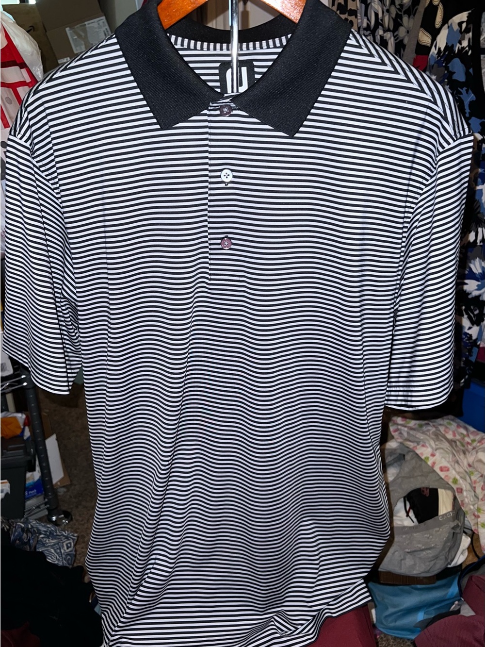 Men's Black & White Striped Polo with Contrast Collar